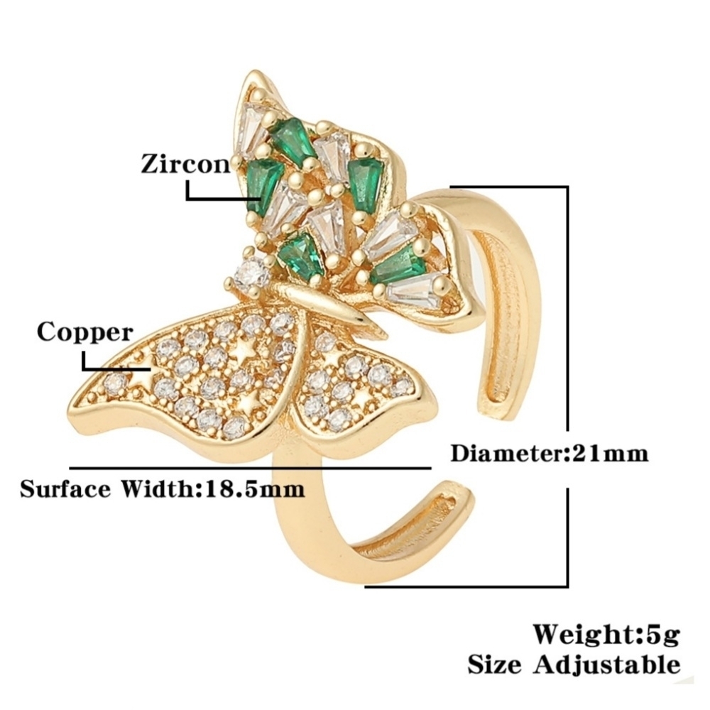 Butterfly Ring Green Zircon & Rhinestones Gold Tone Adjustable Band - Picture 6 of 10